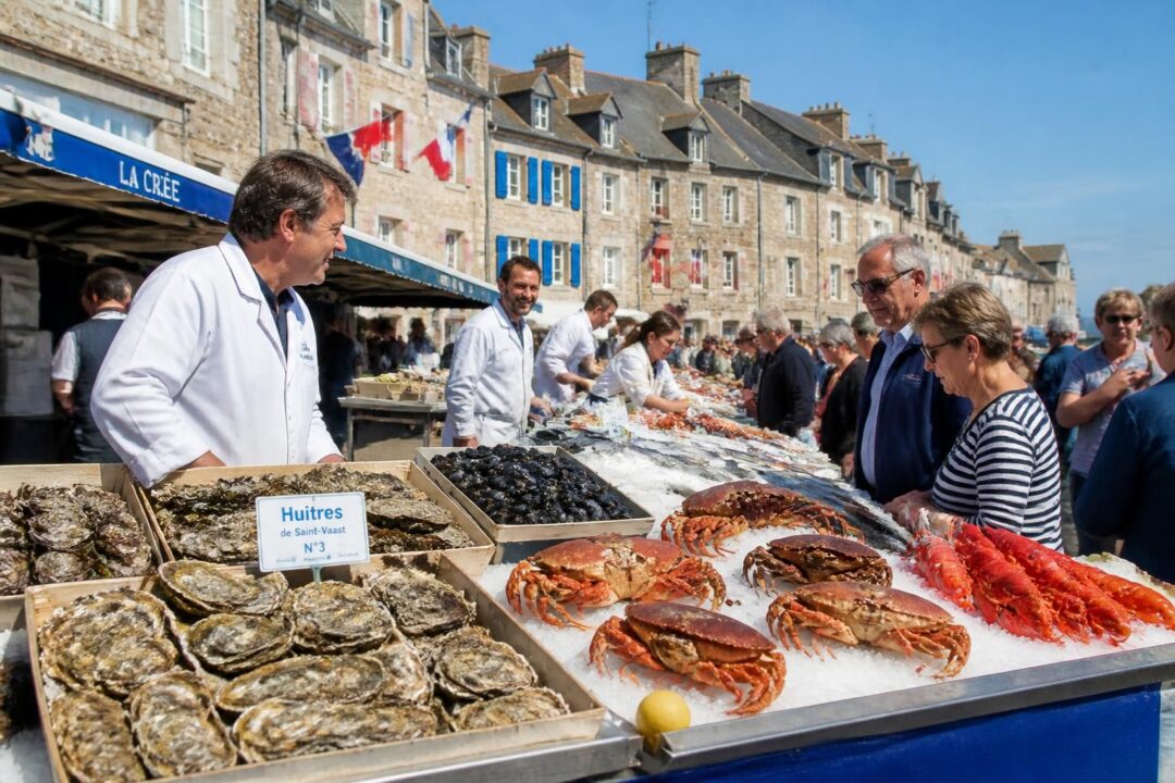 découvrez le marché de saint-vaast-la-hougue : jour de marché, étals colorés et produits frais de la mer pour une expérience authentique en normandie.