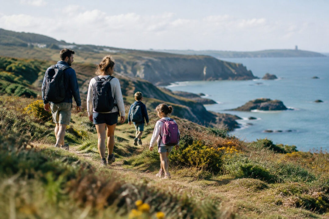 Parents et enfants sur un sentier côtier lors d'une balade Cotentin en famille