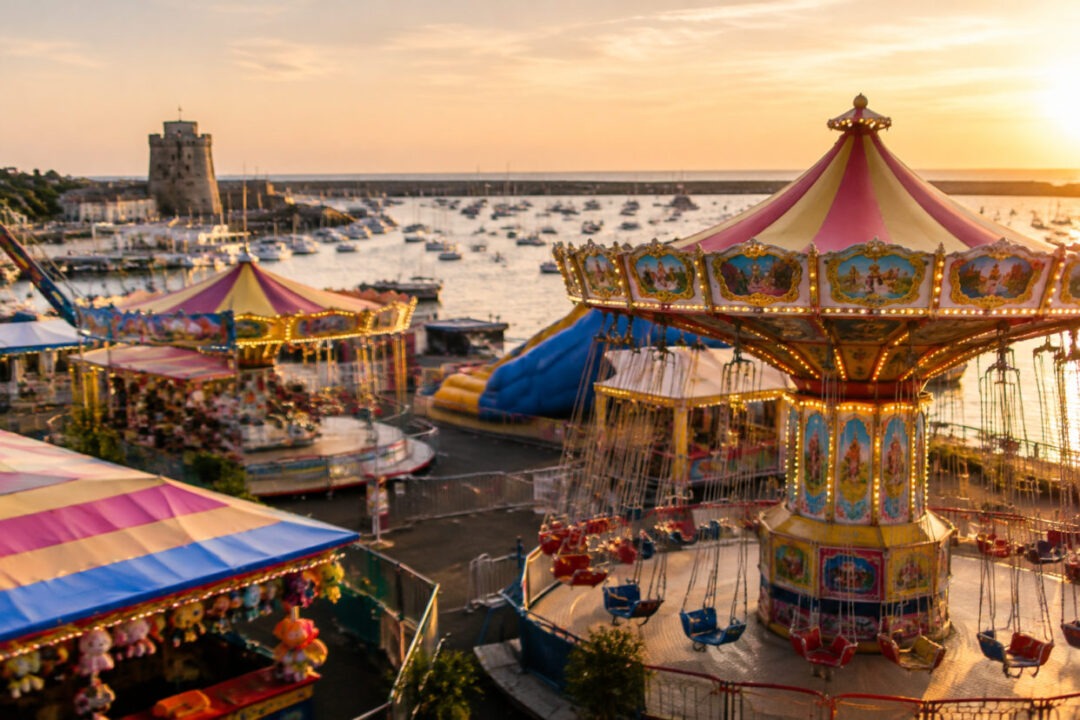 Manèges illuminés de la fête foraine Saint-Vaast-la-Hougue au crépuscule près du port