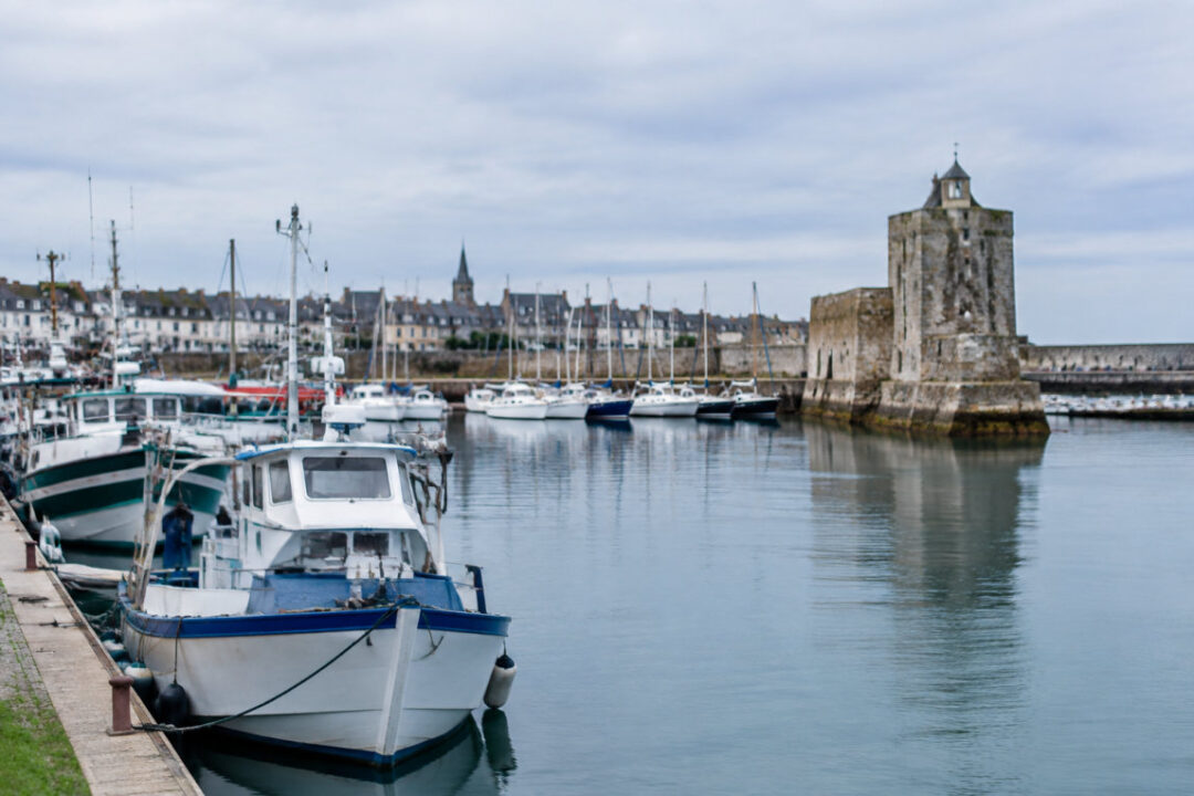 Voiliers amarrés aux pontons du port Saint-Vaast-la-Hougue à marée haute