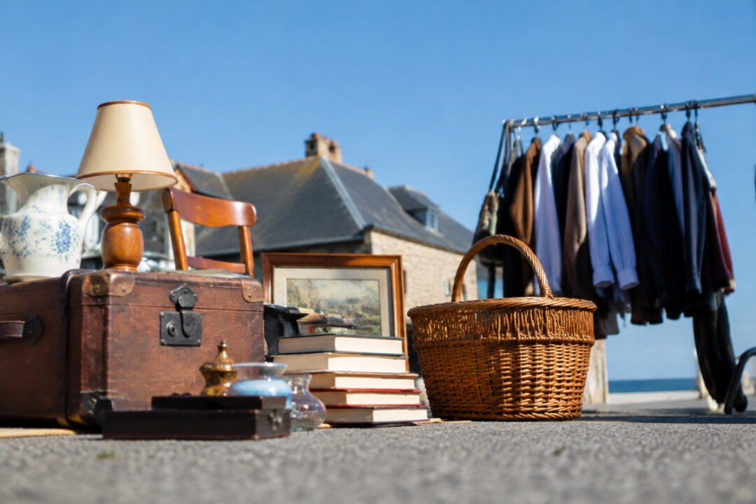 Chineurs flânant entre les stands d'un vide-grenier Cotentin un week-end ensoleillé